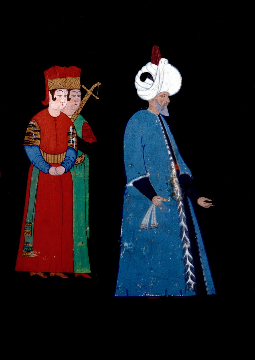オスマン帝国のスルタン、ソリマン（スケイマン）1世（1494-1566）の肖像（年齢）、2人の武装した護衛を伴っています。ヘイダル・レイズ・ニガリ（1462-1572）のミニチュア 作： NakkepはNigariReisHaydarと呼ばれます
