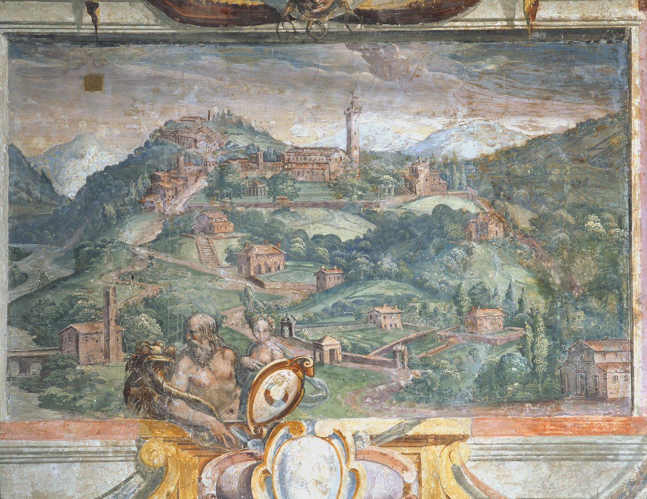 ベッドルーム、メディチ家の支配下の町を描いたフリーズの詳細、フィエーゾレ、1564-75 作： バルトロメオ・アンマナティ