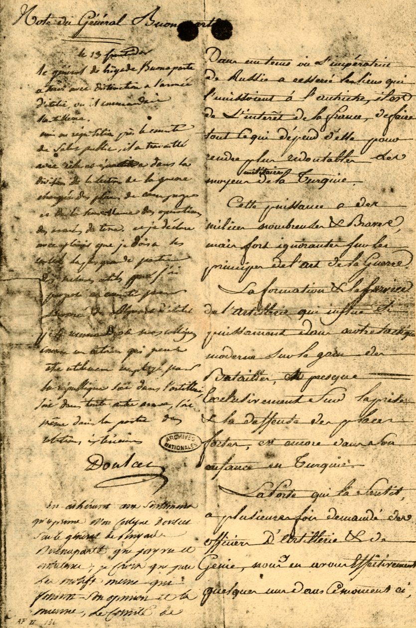 1921 年 1795 年 9 月 13 日のボナパルト将軍のメモ。 作： ナポレオンボナパルトI