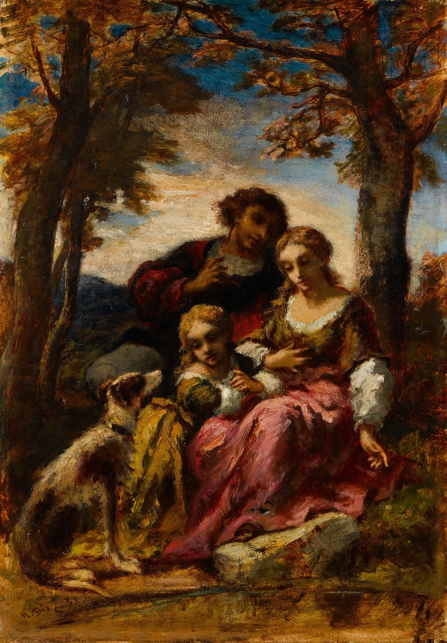 風景の中の人物と犬、1852年。 作： Narcisse Virgile Diaz de laPeña