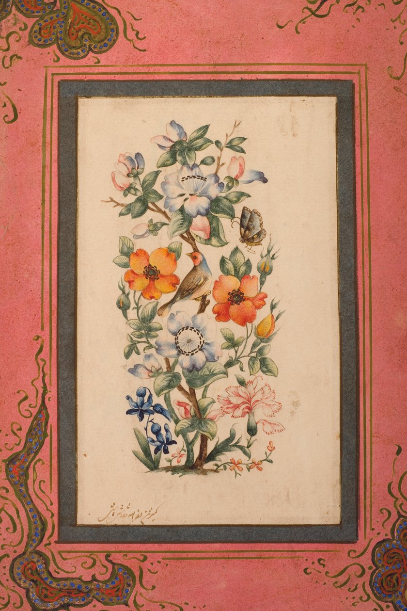 鳥と蝶と花の茎（紙に不透明なトイレ） 作： Nasr Allah al Husayni al Imami