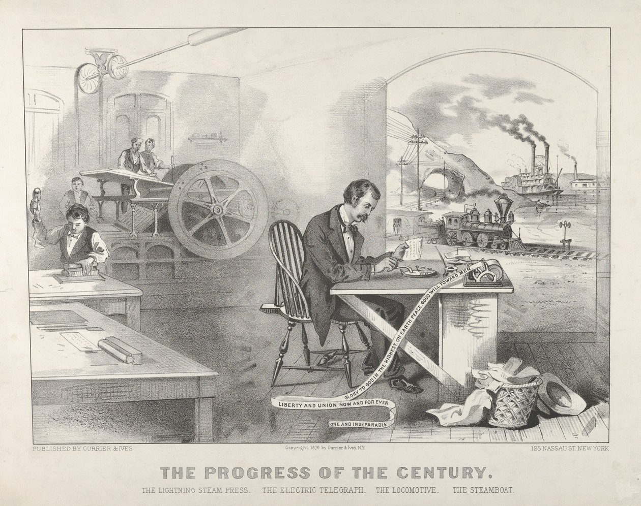 世紀の進歩 - ライトニング スチーム プレス。 電気電信。 The Locom...、1876年。作成者: Nathaniel Currier、James Merritt Ives、Currier and Ives。 作： キュリアーとアイブス