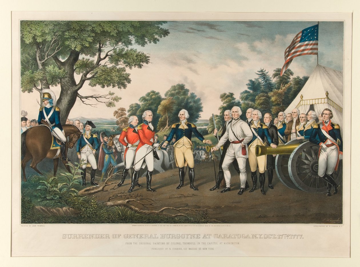1777年10月17日、ニューヨーク州サラトガにおけるバーゴイン将軍の降伏／ワシントンD.C.の連邦議会議事堂に所蔵されているトランブル大佐の原画に基づく。ジョン・トランブル作 作： ナサニエル・キュリア