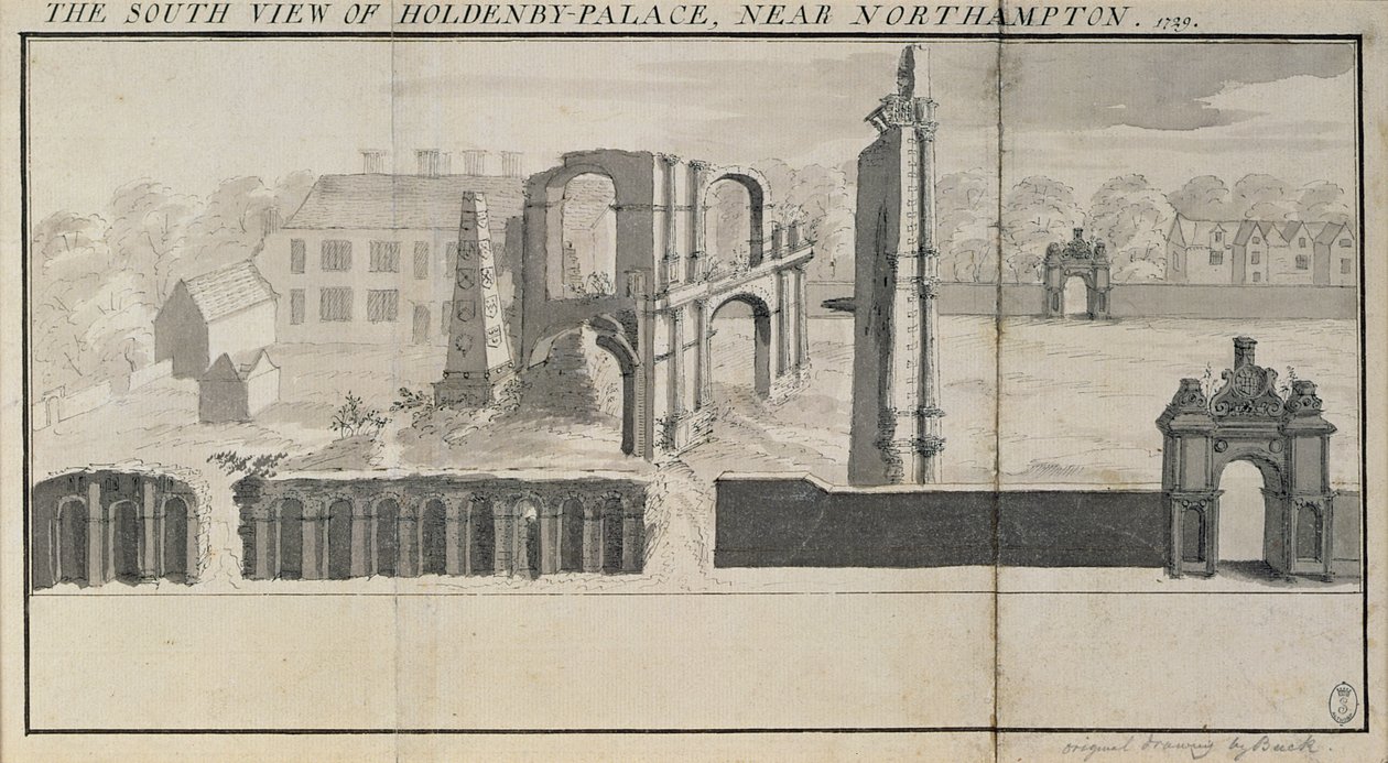 1729年に見られるホールデンビーハウスと遺跡の南側の景色 作： ナサニエルとサミュエル・バック