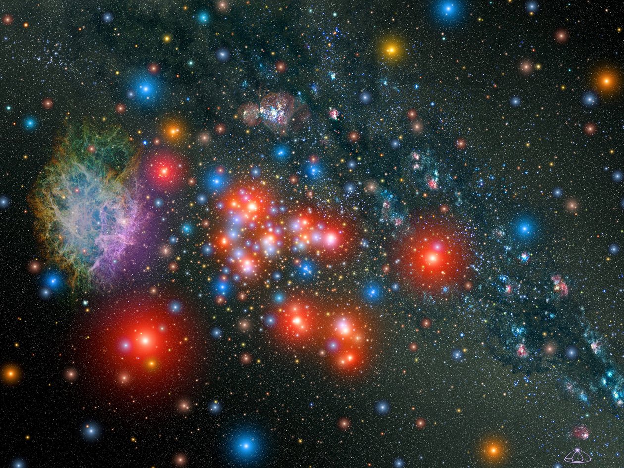 私たちの天の川銀河内の大規模な星団のアーティストの印象は、若い青い星が点在する14の珍しい赤い超巨星の輝きを放ちます。星団にはおそらく20,000個の星が含まれています。 C 作： 全米航空宇宙局全米航空宇宙局