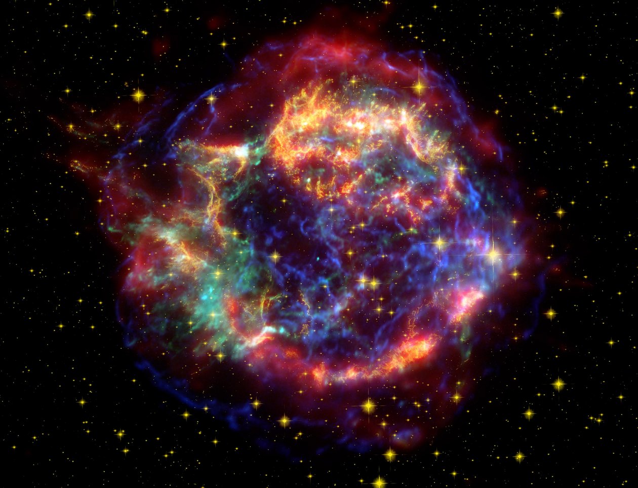 10,000光年離れた星座カシオペア座の超新星残骸カシオペア座Aのフォールスカラー画像。超新星爆発で亡くなった、かつて巨大な星の名残です。 NASAの信用。サイエンス 作： 全米航空宇宙局全米航空宇宙局
