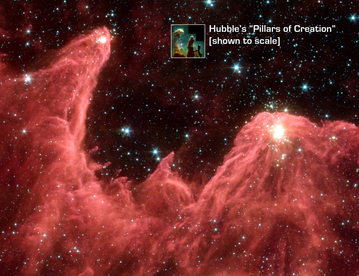 星が生まれる山のスピッツァー宇宙望遠鏡のフォールスカラー画像。吹き替えの山の創造冷たいガスと塵のそびえ立つ柱は、胚の星からの光で先端が照らされています。 C 作： 全米航空宇宙局全米航空宇宙局