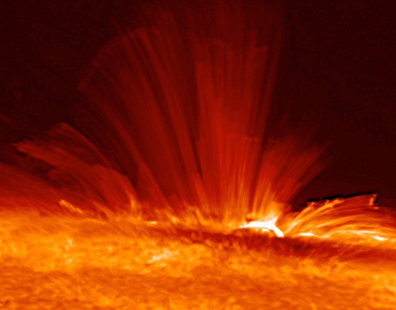 超高温で帯電したガス（プラズマ）のストリーマーが付いた太陽黒点が太陽の表面から弧を描き、太陽磁場の構造を明らかにします。 NASAの信用。 作： 全米航空宇宙局全米航空宇宙局