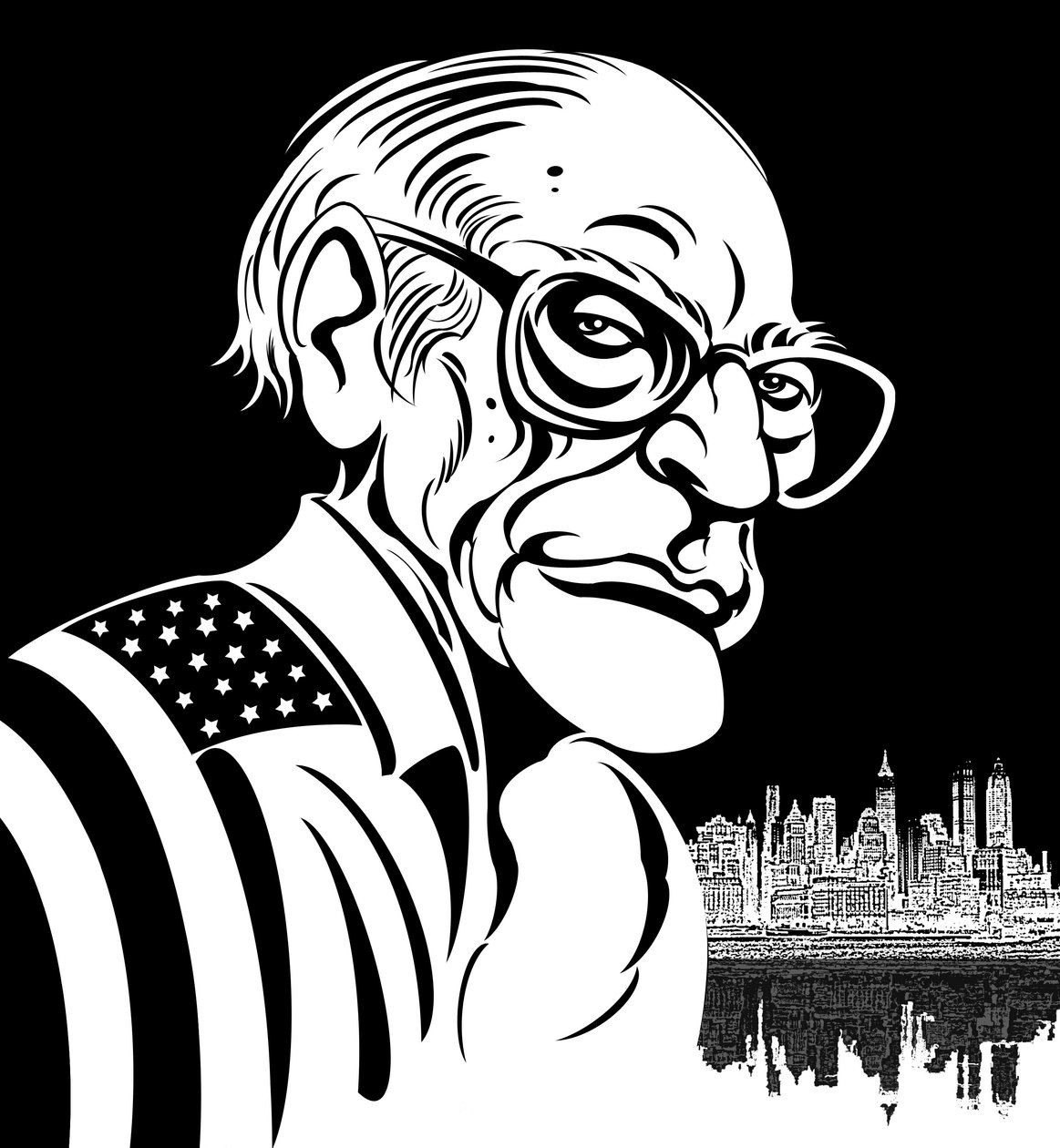 アーサー・ミラー、アメリカの劇作家（1915年から2005年）。アメリカの国旗で覆われた白黒の似顔絵 作： ニール・オズボーン