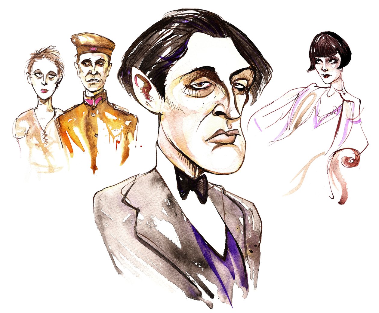 オーストリアの作曲家、アルバン・ベルク（1885-1935）。 1925年のヴォツェックと1935年のルルの2つのオペラの登場人物で似顔絵 作： ニール・オズボーン