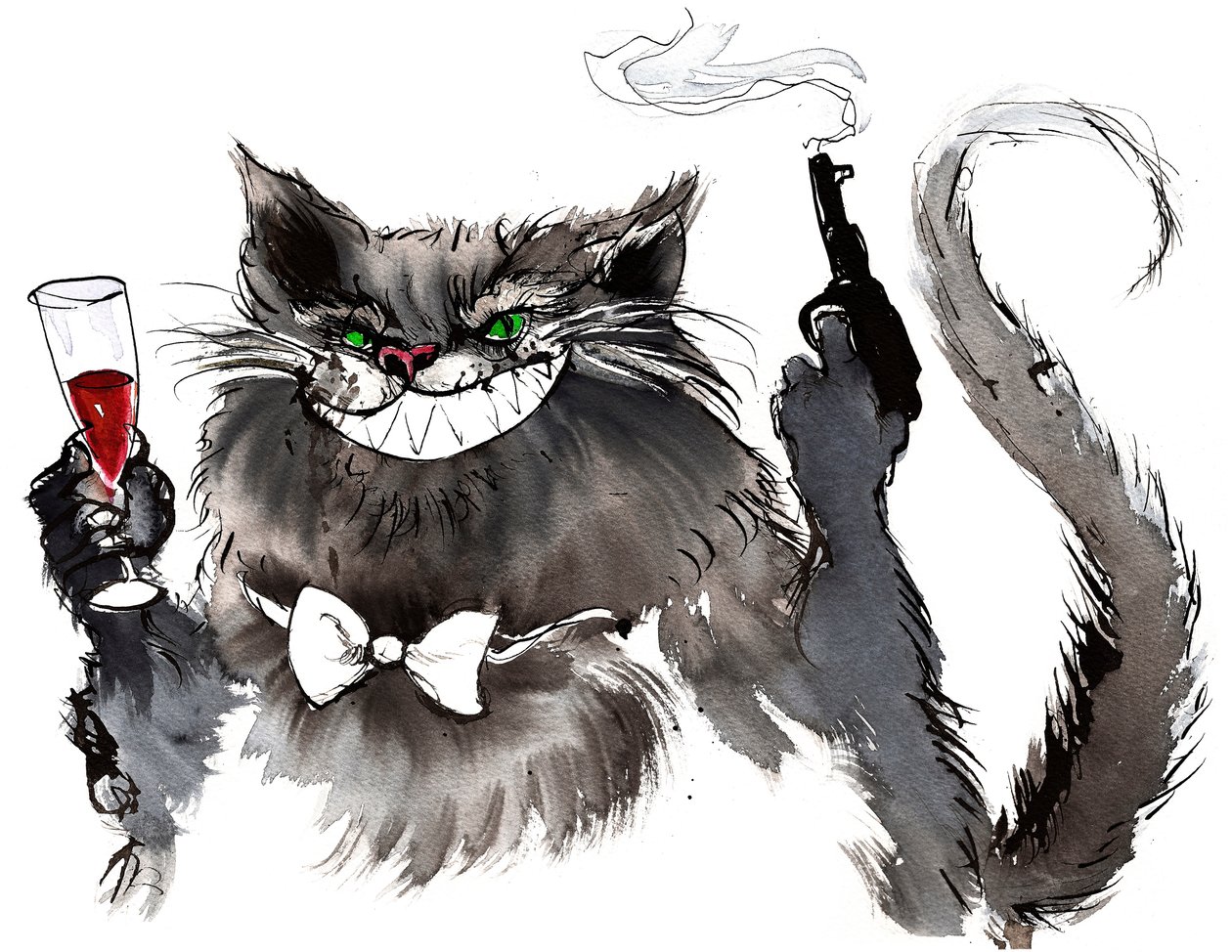 ミハイル・ブルガコフのマスターとマルガリータのピストルの巨大な猫のキャラクターを持つベヒーモス（ロシアの劇作家、著者、1891-1940）。インクと水彩、2015 作： ニール・オズボーン