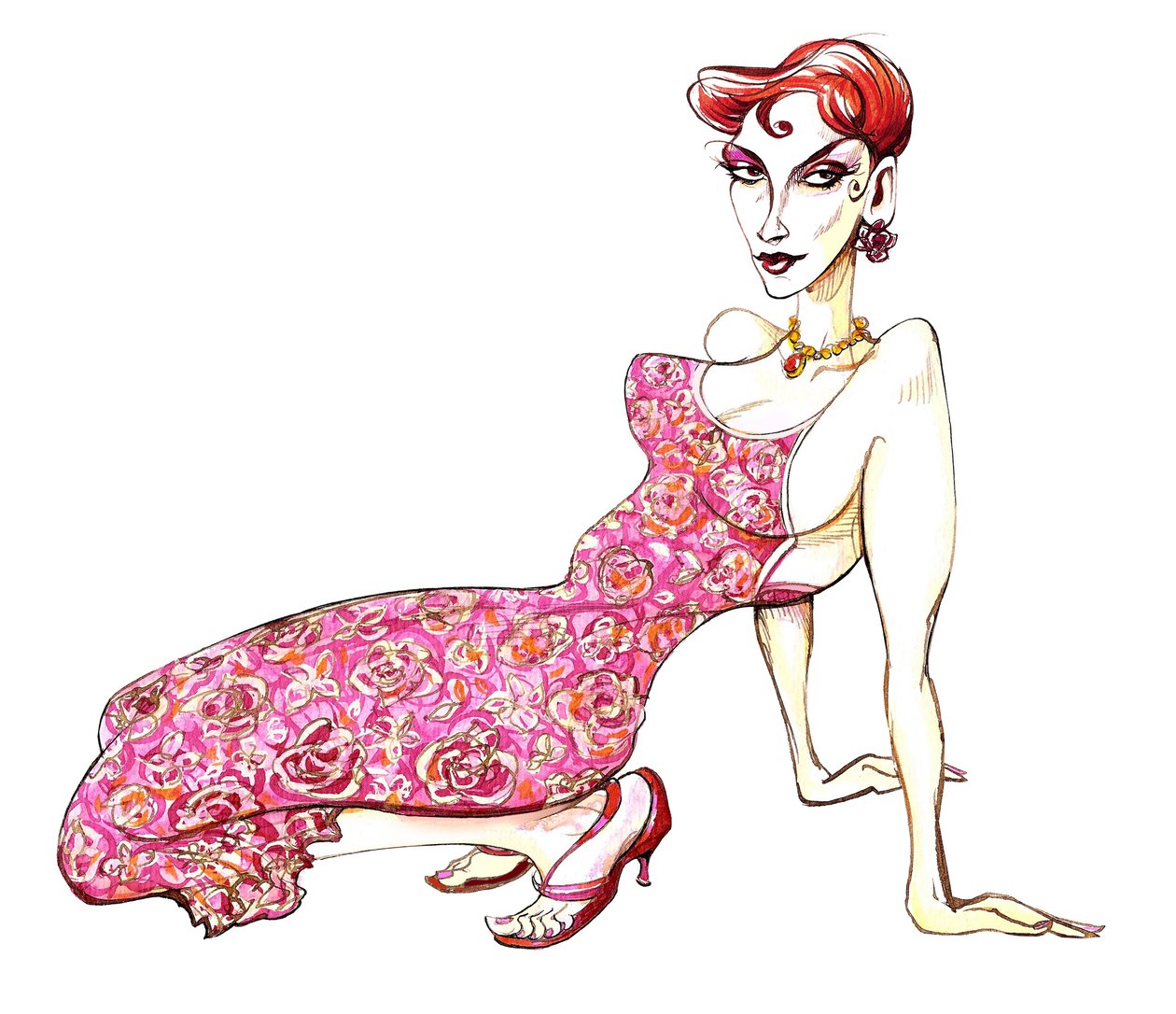 ピンクの花柄のドレスのモデル 作： ニール・オズボーン