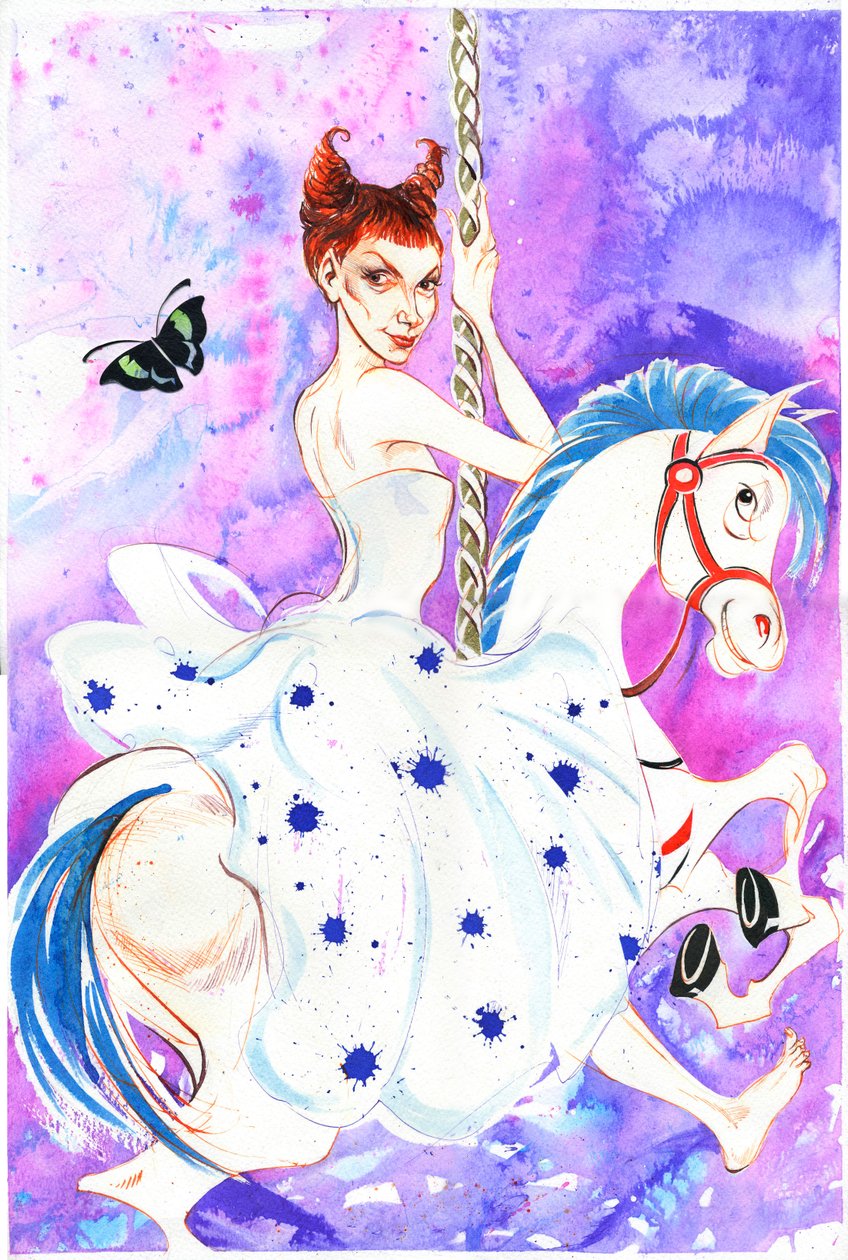 パトリシア・ペティボン-カルーセル馬に乗ったフランスのオペラ歌手（ソプラノ）の風刺画 作： ニール・オズボーン