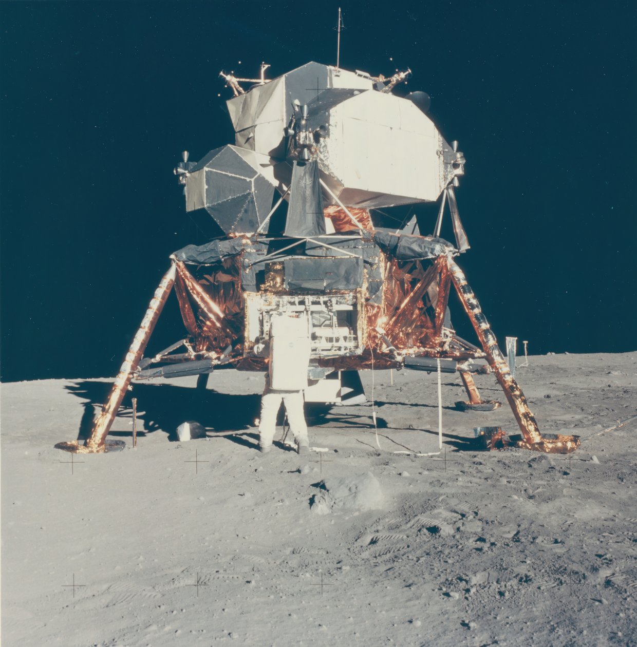 1969 年、月面に着陸したアポロ 11 号の月着陸船を持つバズ・オルドリン。 作： ニール・アームストロング