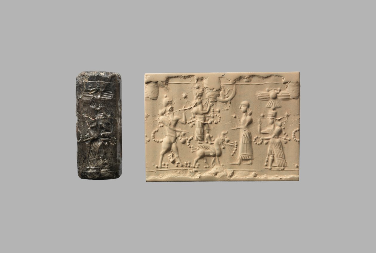 サソリ男と現代人の印象が描かれた円筒印章 前8～7世紀頃 (石英、隠微晶) 作： ネオアッシリア