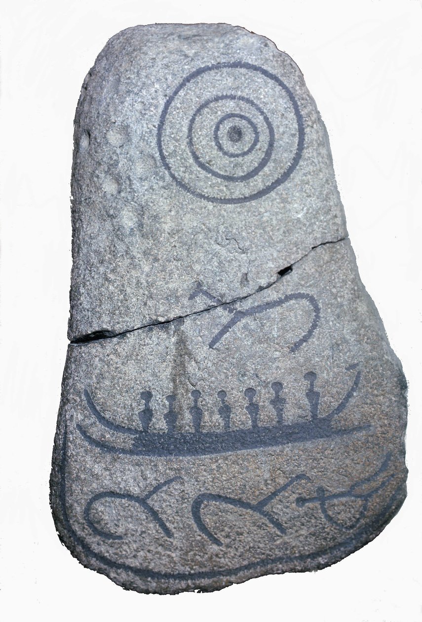 新石器時代のフレスコ画、ルーン石の上に船が描かれています。コペンハーゲン国立博物館。デンマーク 作： 新石器時代新石器時代