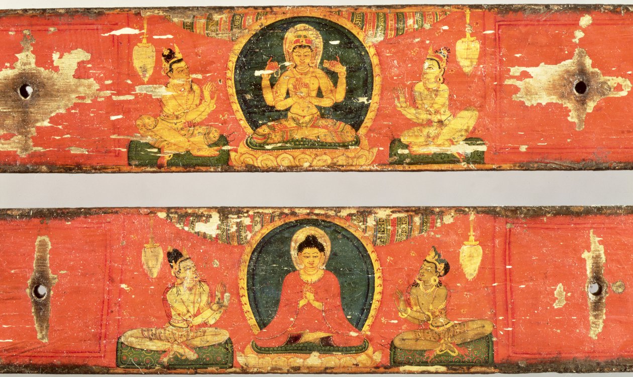 着席した菩薩（Prajnaparamita）（上）と仏像、マンドラ（下）に囲まれた経典カバー、c.1100（ポリクロームウッド）の詳細（114238の詳細） 作： ネパール語学校