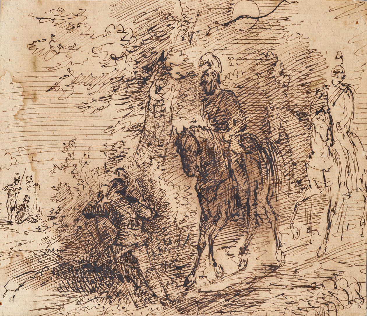 他の 3 人の兵士を見守る騎馬兵 作： 無名の画家