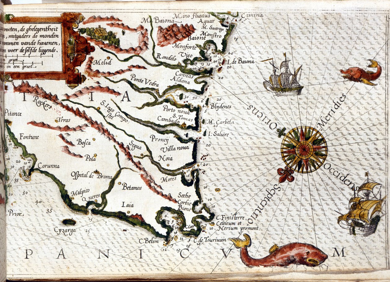 Luca J. Waghenaer tresoor de zeevaert, Leiden 1592のポーチュランに倣ってフィニステール岬を描いたもの。 作： オランダの学校