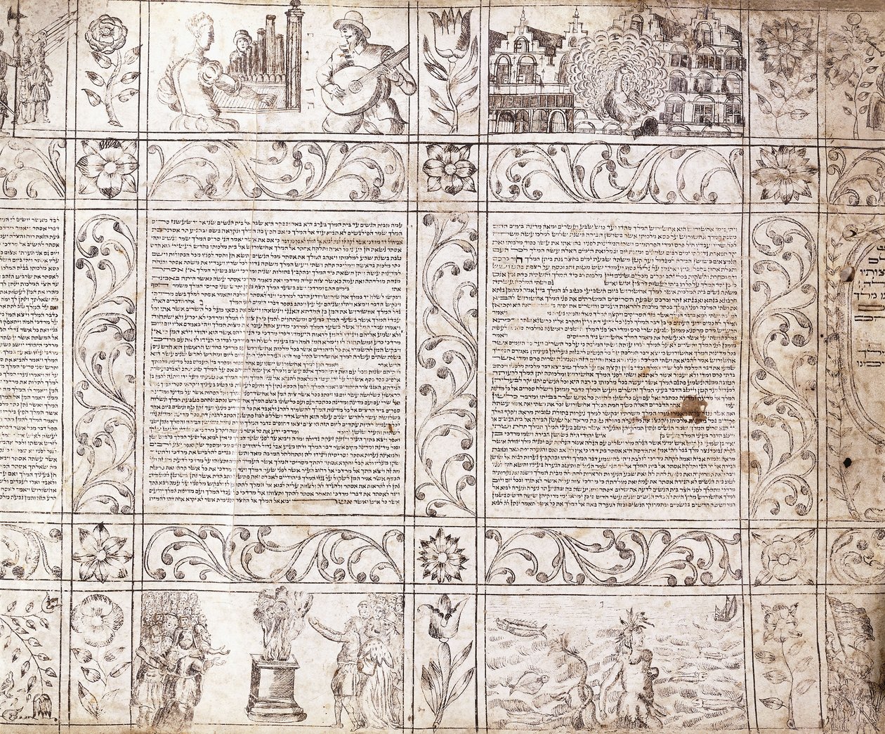 17世紀、オランダの生活と花のカルトゥーシュが描かれた聖書の場面を示した、セファルディ文字で書かれた写本 作： オランダの学校