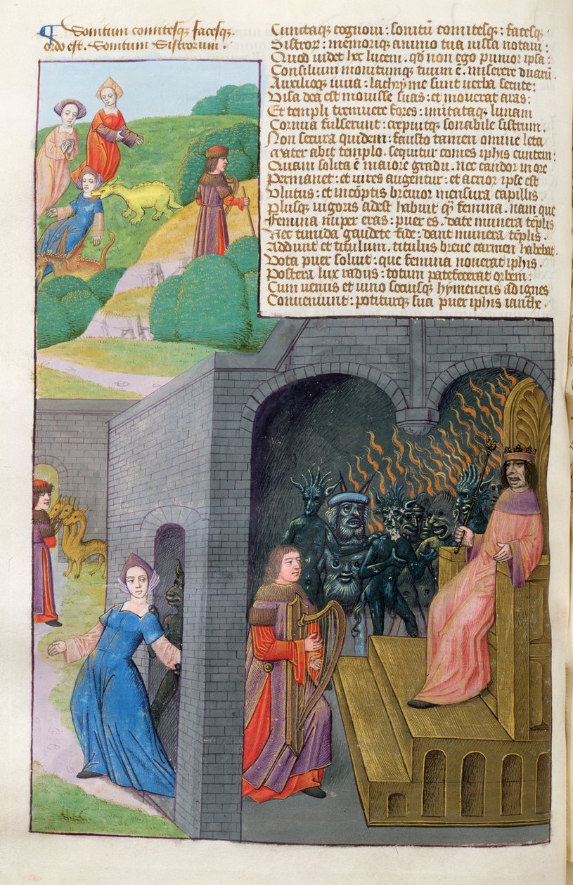 Ms 324 f.101 v。Orpheus and Eurydice、Cerberus and Pluto、from Metamorphoses 10 by Ovid、1479 作： オランダの学校