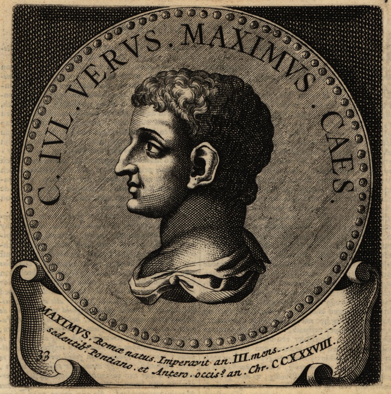ローマ皇帝Gaius Iulius Verus Maximusの肖像。 作： オランダの学校