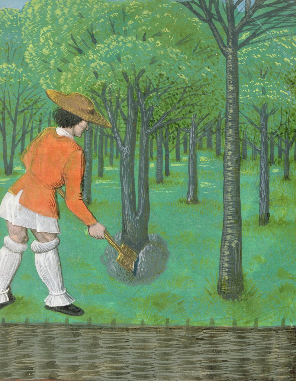 Roy 14 E VI f.28 果樹園で鋤を持った男、「Rustican du cultivement des terres」より、エドワード 4 世のために処刑された、ブルージュ 作： オランダの学校