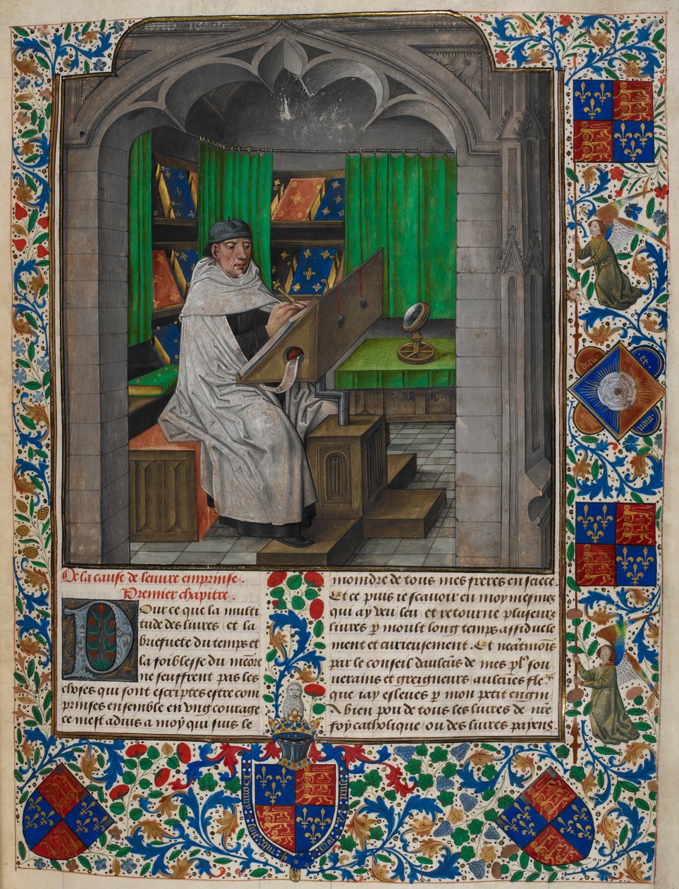 Royal 14 E. I f.3 Vincent de Beauvais がデスクで読書をしている、「Speculum Historiale, Book I」より、Vincent of Beauvais と Jean de Vignay (vellum) 作 作： オランダの学校