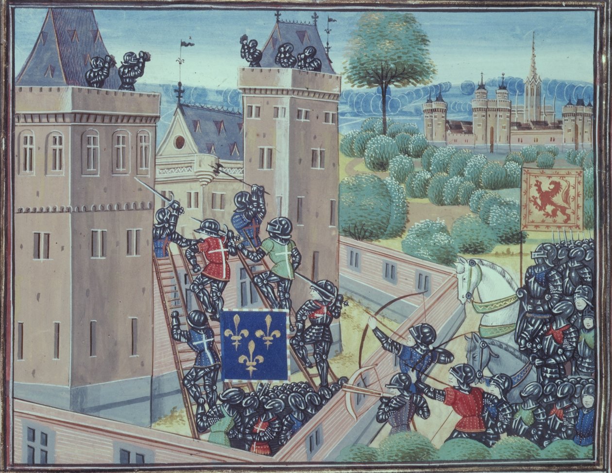 Royal 18 E.1 fol.345 フランスとスコットランドによるヴァルク城の占領、Jean Froissart (c.1333-1404) 著「Chroniques de France et d