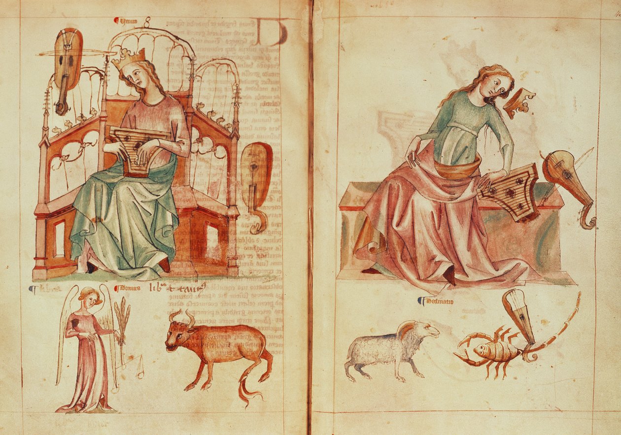 Sloane MS 3983 fol.42v-43 「Liber Astrologiae」(vellum) より、支配星座と不利な状態で楽器を演奏する金星 作： オランダの学校