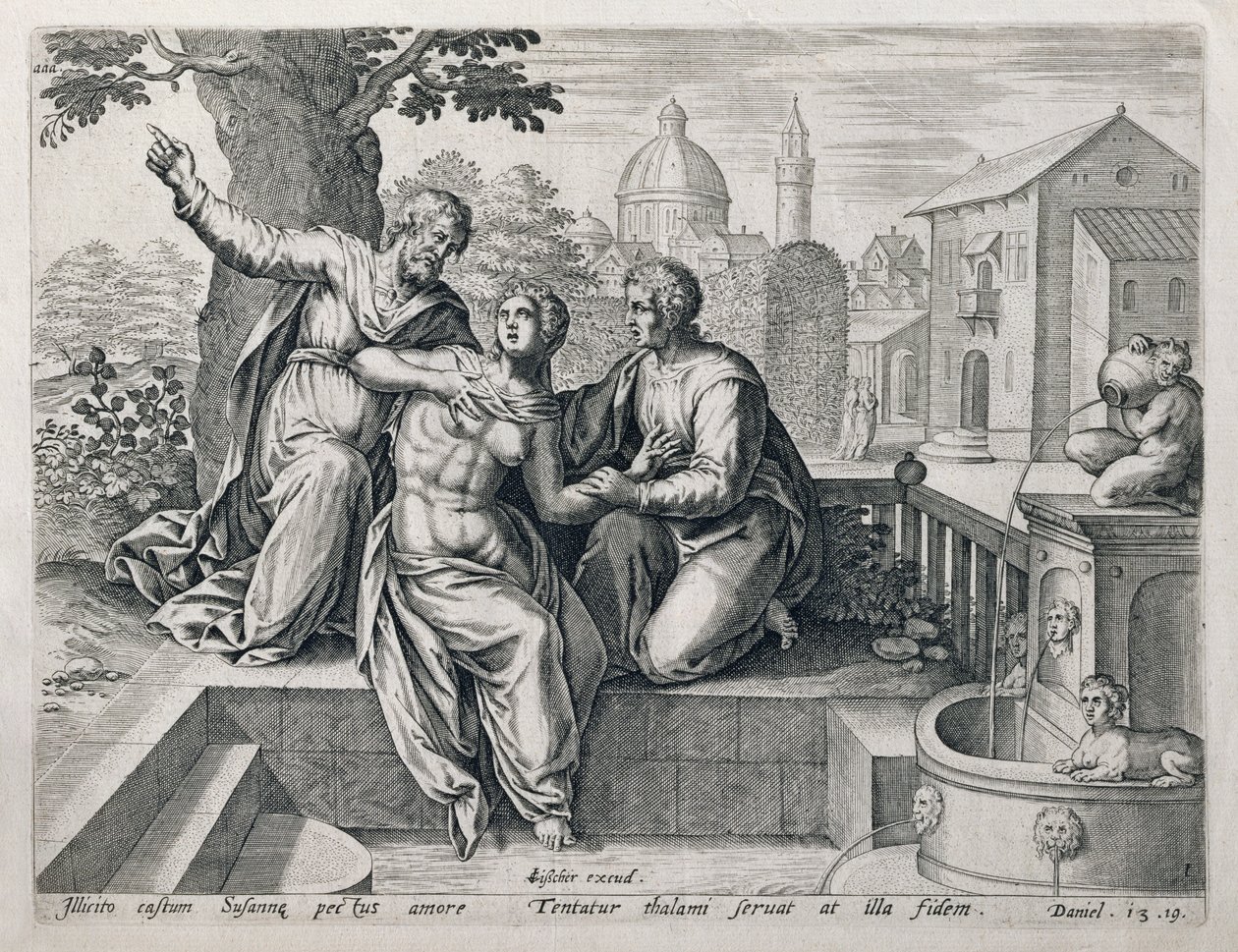 スザンナと長老、聖書、パブからのシーンを示すシリーズから。 Claes Jansz Visscher（c.1550-c.1612）c.1590による 作： オランダの学校