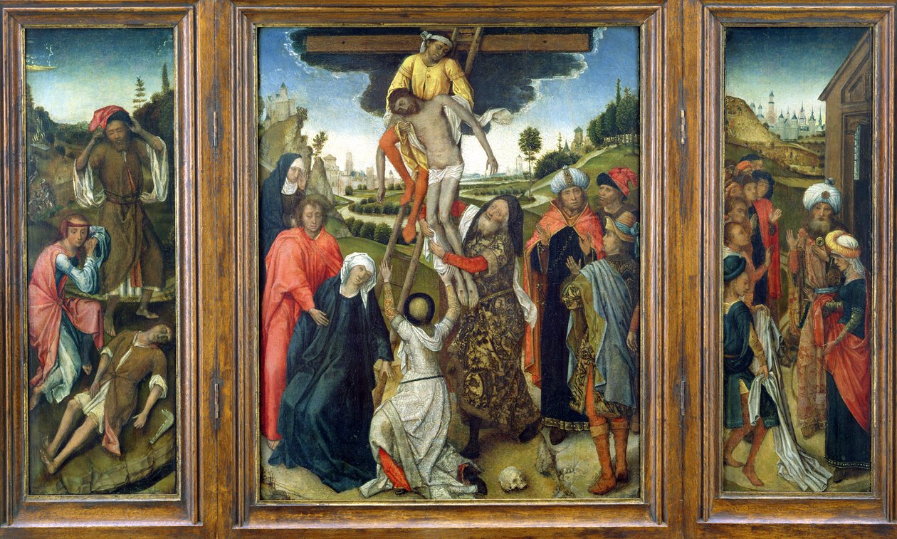 （L）アダムとイブの喪のアベルと（R）ジェイコブに見せられたジョセフスのコート、三連祭壇画、1470年頃（パネル） 作： オランダの学校