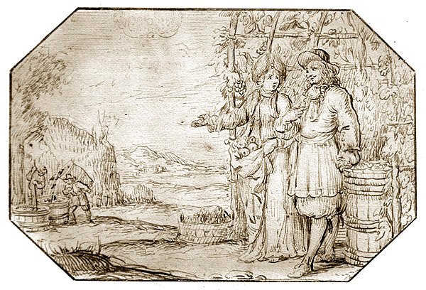 四季。1675年頃、紙にペンとセピアインクで描かれた「秋～収穫 作： オランダの学校
