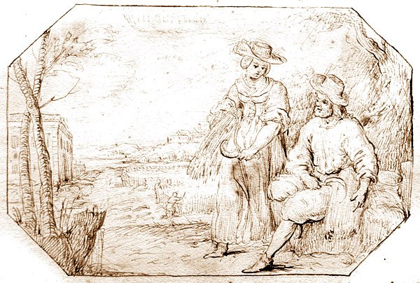 四季。1675年頃、紙にペンとセピアインクで描かれた「夏と刈り入れ 作： オランダの学校