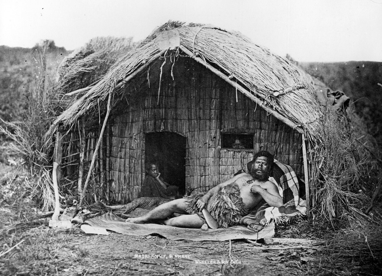 マオリ族の首長と家、1863-80年 作： ニュージーランドの写真家