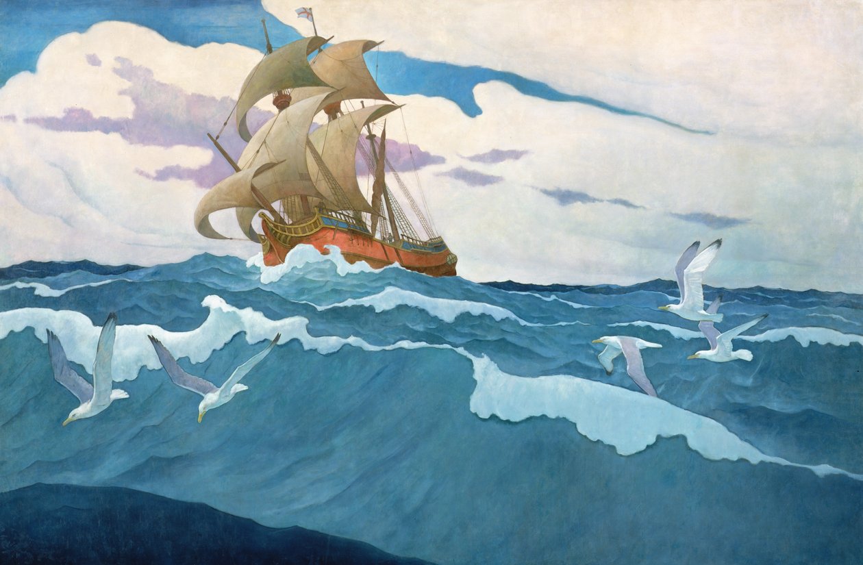 1620年のメイフラワーの到来、1941年 作： ニューウェル・コンヴァース・ワイエス
