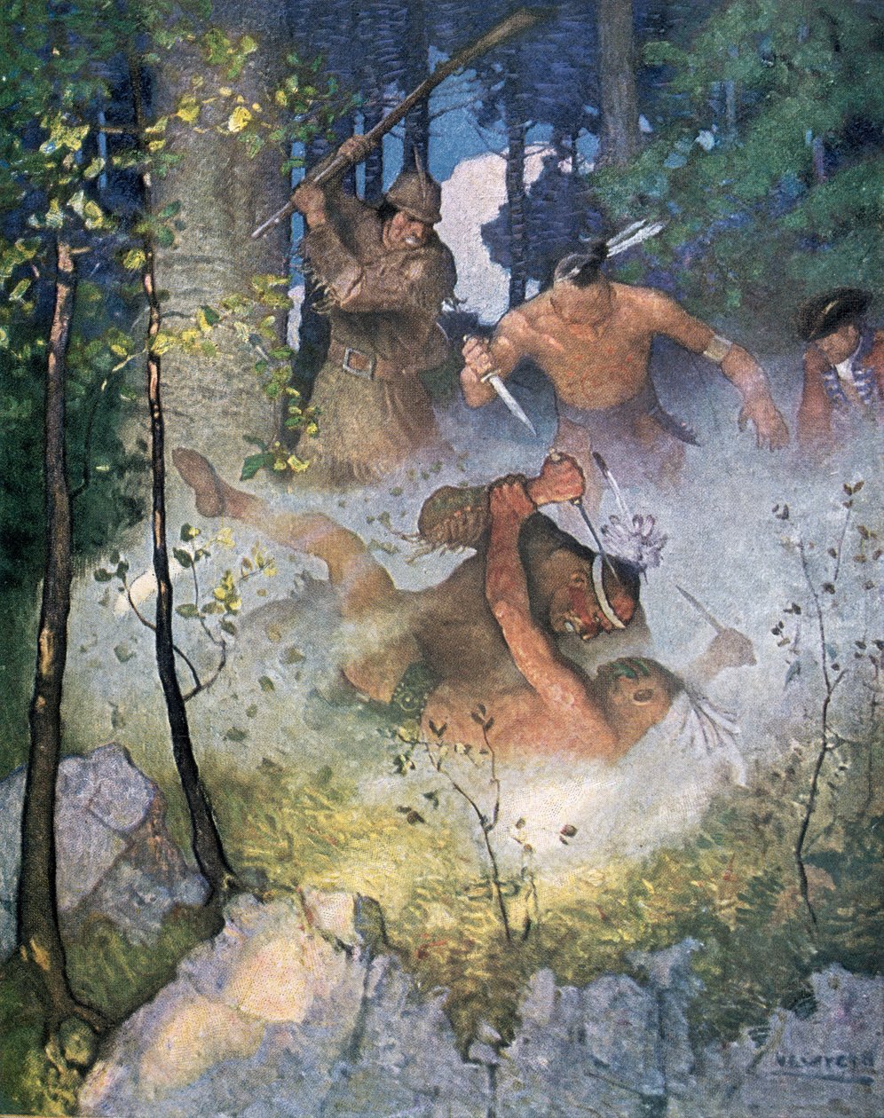 「森の戦い」、フェニモアクーパー（1789-1851）による「モヒカンの最後」のイラスト、ニューヨーク1920年発行 作： ニューウェル・コンヴァース・ワイエス