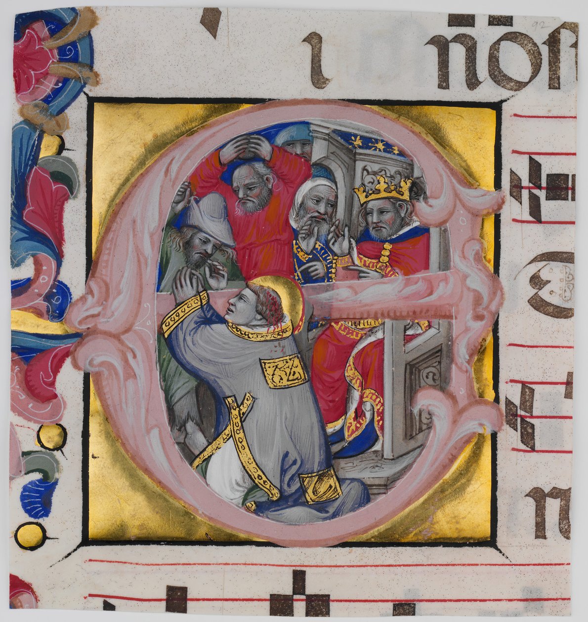 イニシャル E の聖ステパノの殉教を伴う写本照明、c1394-1402。 作： ボローニャのニッコロ・ディ・ジャコモ