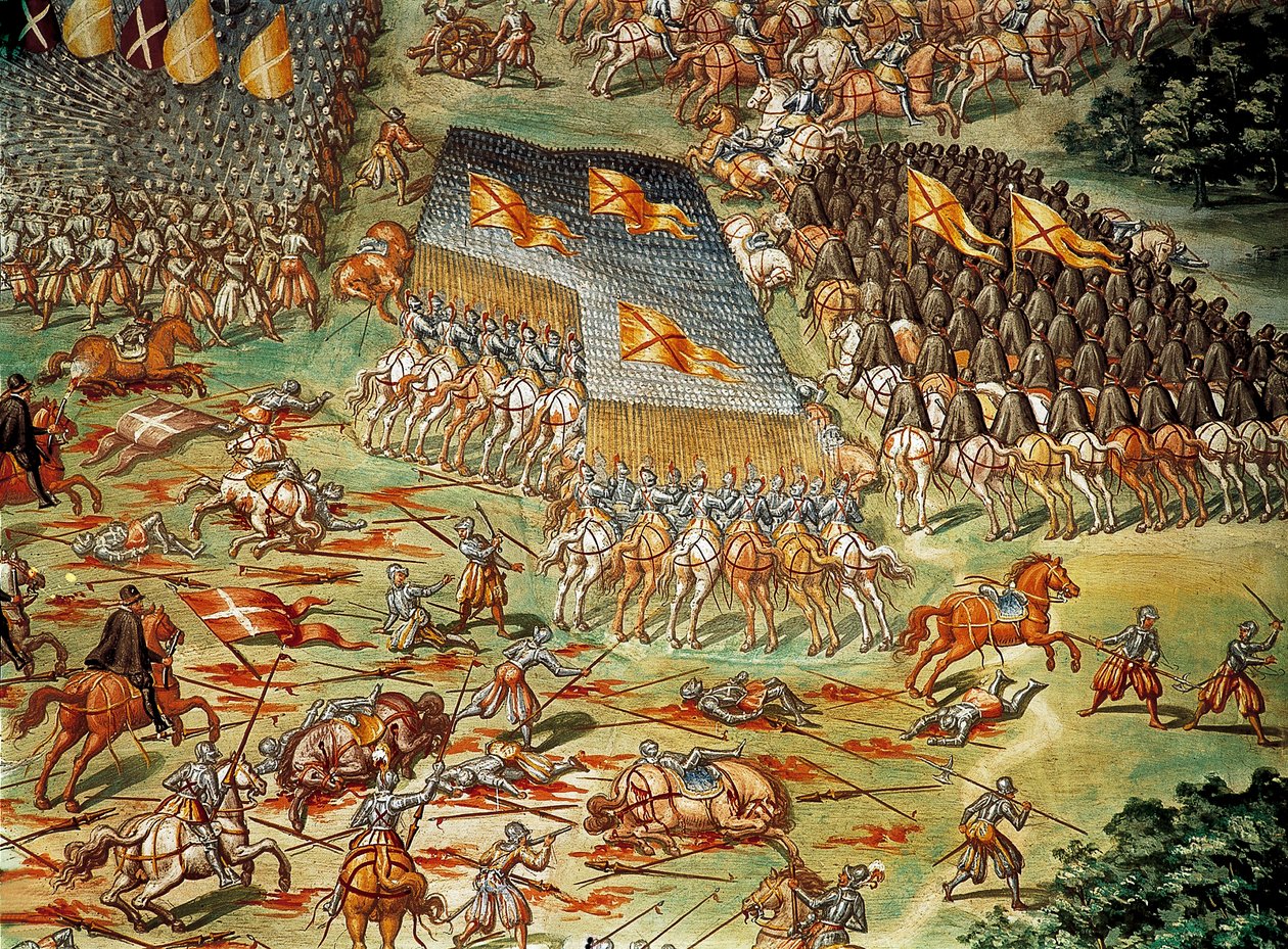 イタリア戦争中の1557年に、スペイン人がフランス人に勝利したサンカンタン（Saint Quentin）の戦いは、騎馬隊の攻撃で細部を 作： ニッコロ（およびワークショップ）グラネロ