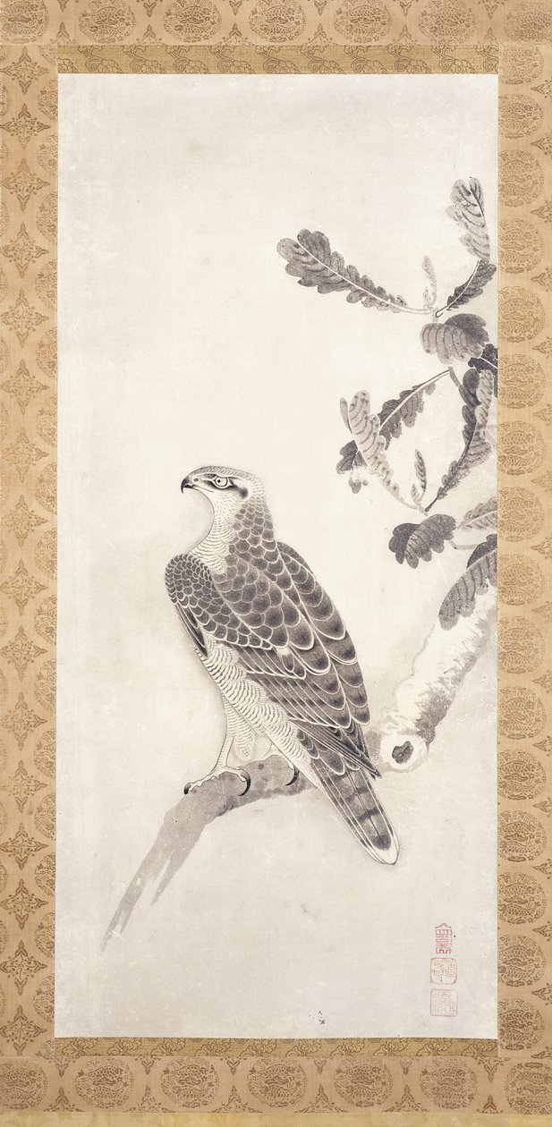 枝にとまるタカ（紙にインク）