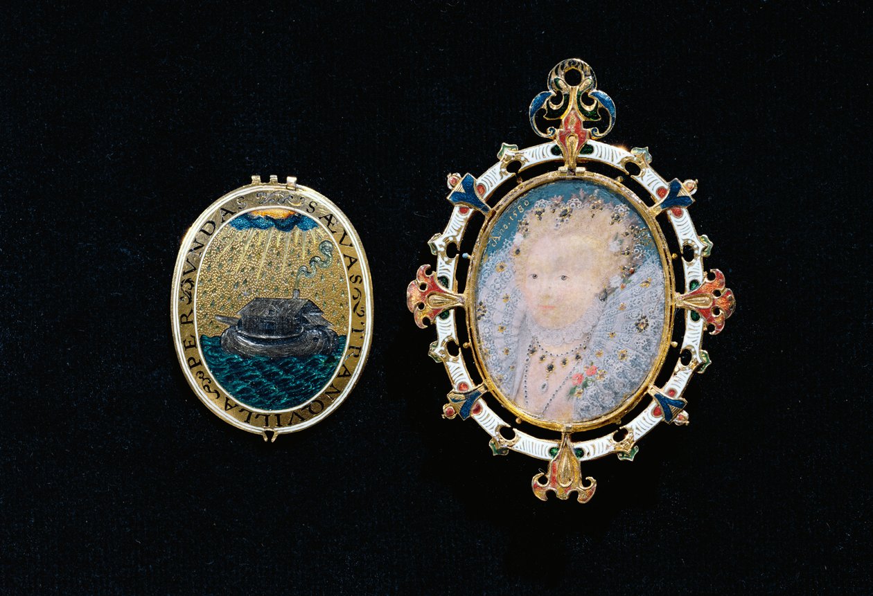 Heneage JewelまたはArmada Jewel、エリザベス女王のミニチュア、宝石で飾られたケースに封入、1595年頃（エナメルゴールド、テーブルカットダイヤモンド、ビルマルビー、ロッククリスタル、ミニチュア） 作： ニコラス・ヒリアード