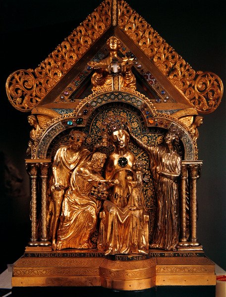 ノートルダム大聖堂の切妻の端、マギの礼拝、1205年（銀の金箔、銅の金箔、エナメル、木に対するフィリグリー） 作： ヴェルダンのニコラス