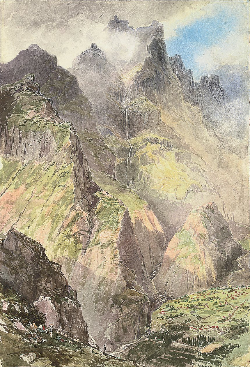 マデイラ島、グランデ・カラル、前景に観光客の一団、その向こうにピコ・グランデ（紙に水彩画） 作： ニコラス・シュヴァリエ