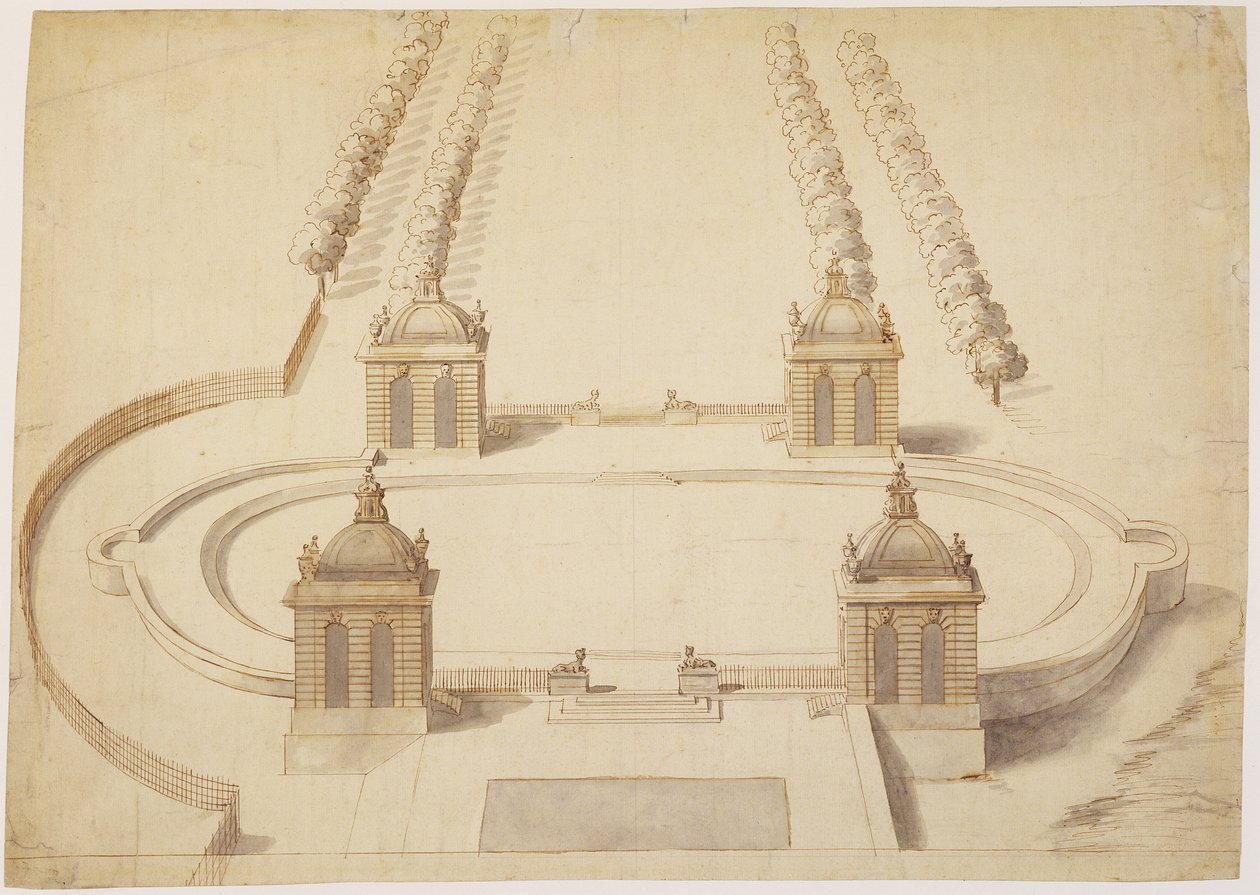 ボウリンググリーンのデザイン、ハンプトンコート、c.1689-91（ペンと茶色のインク、ウォッシュと紙のグラファイト） 作： ニコラス・ホークスムーア