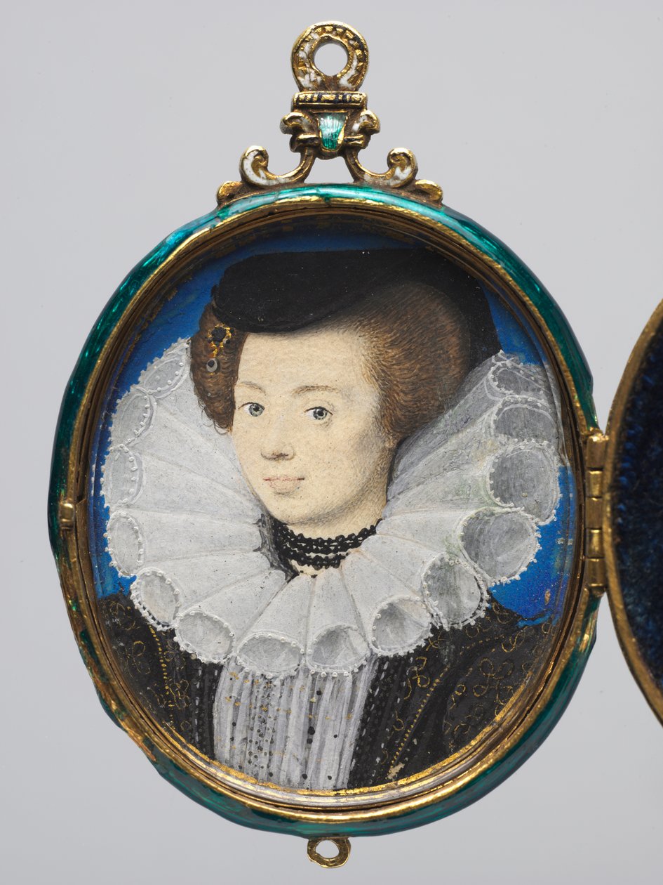 女性の肖像、c.1593（金とエナメルのロケットフレームのベラムの水彩画） 作： ニコラス・ヒリアード