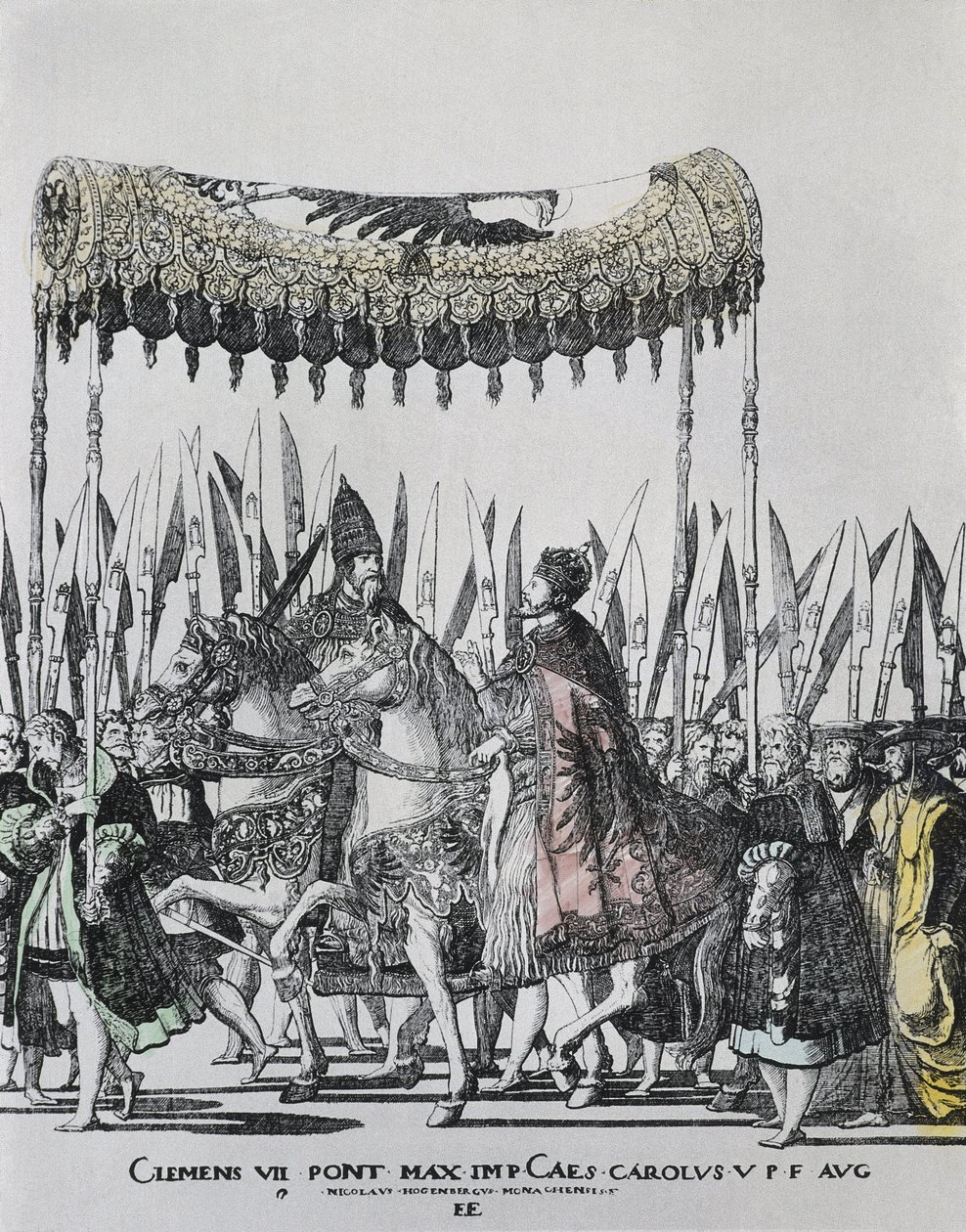 HOGENBERG, Nicolas (1500-1539).ボローニャにおけるシャルル5世の戴冠式シャルル5世 (1500-1558).神聖ローマ皇帝（1519-1556）、スペイン王（1516-1556）（シャルル1世として）。1523年から1534年にかけてのローマ法王。エングレーヴィング 作： ニコラス・ホーゲンベルク