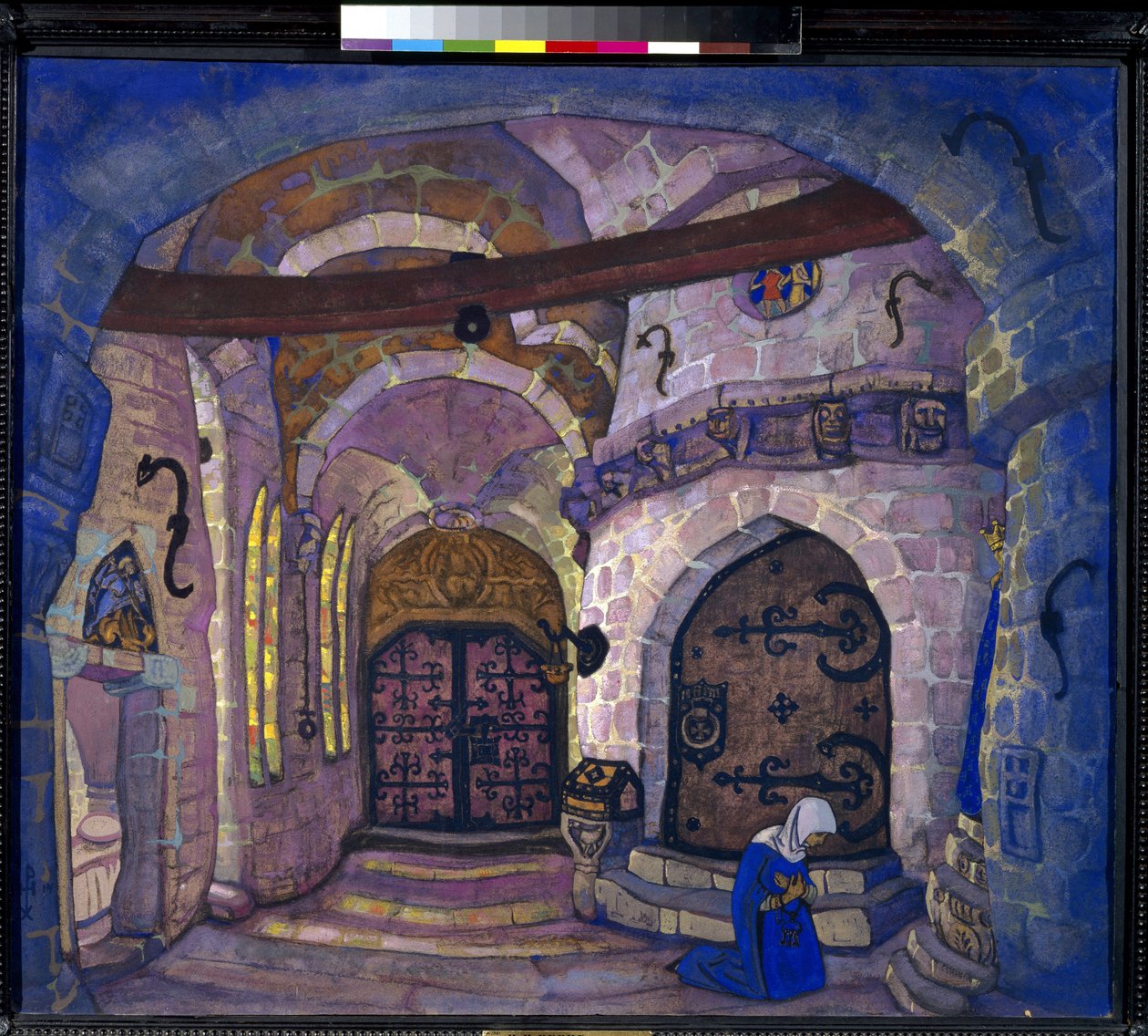 修道院で。 A. Davydov によるオペラ Soeur Beatrice の準備装飾。 ニコラス・レーリッヒ (1874-1947) の作品、ダンボールにテンペラ 作： ニコラス・レーリッヒ