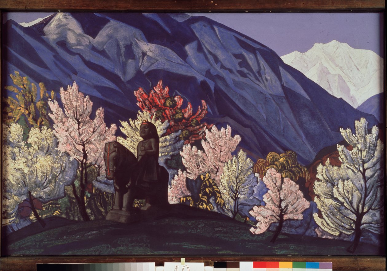 ぐがチョハン。 クル渓谷 (インド)。 (ヒマラヤの花木に囲まれた騎馬像)。 Nicolas (Nicholas) Roerich (1874-1947) の絵画、キャンバスにテンペラ 作： ニコラス・レーリッヒ