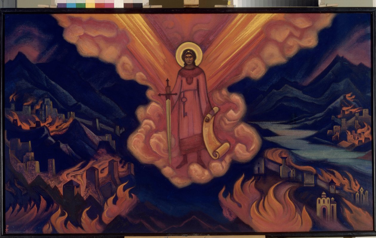 最後の天使。 Nicolas (Nicholas) Roerich (1874-1947) の作品、ダンボールにテンペラ 作： ニコラス・レーリッヒ