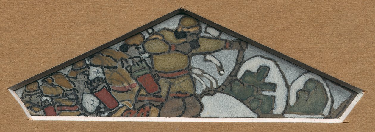 マジョリカフリーズ「ノーザンライフ」、1905年の左端の三角形の装飾のスケッチ 作： ニコラス・レーリッヒ